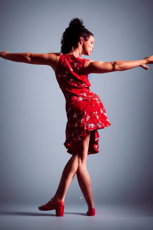 Image similar to full body portrait of a female in a dancing pose, red floral dress, cinematic lighting, 4 k,