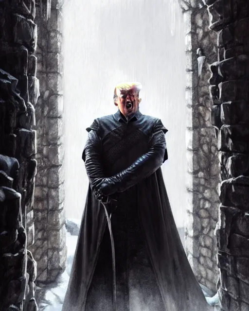 Image similar to trump as man of the night's watch, on the wall made of ice, middle ages, game of thrones | | realistic shaded, fine details, realistic shaded lighting painting by greg rutkowski, diego gisbert llorens, magali villeneuve, artgerm, jeremy lipkin, michael garmash, rob rey