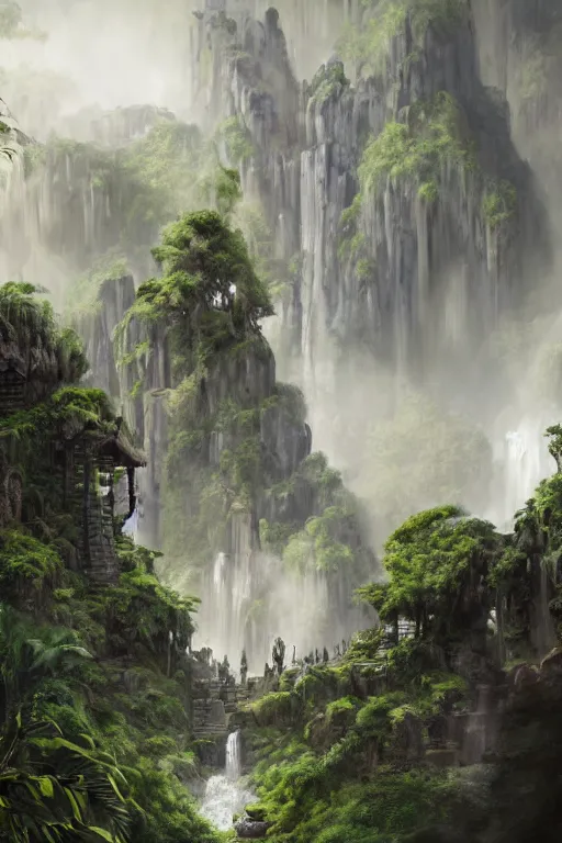 Image similar to carved into a Mountain a temple above a waterfall, arches adorned pillars, archways, gnarly trees, lush vegetation, forrest, a small stream runs beneath the waterfall, landscape, raphael lacoste, eddie mendoza, alex ross, concept art, matte painting, highly detailed, rule of thirds, dynamic lighting, cinematic, detailed, denoised, centerd