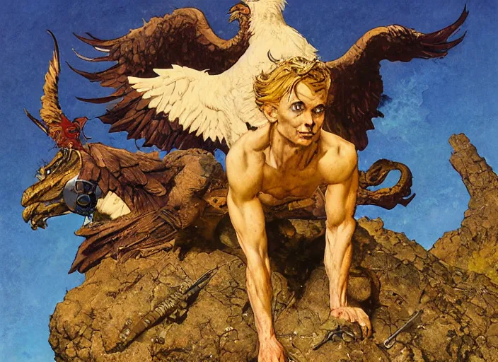 Prompt: portrait of a mythical griffin standing on a rock, by norman rockwell and jesper ejsing and jason fabok and tom lovell and frank schoonover