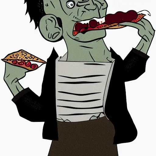 Image similar to frankenstein eating a slice of pizza with his mouth wide open