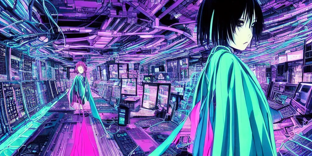 Image similar to “Wide low angle portrait of beautiful woman in silk poncho, backgrouns - big and structured control base with sci-fi futuristic monitor computers strong green glow. Blue and pink colors Mainframe full of cables on the background. Manga BLAME! by Tsutomu Nihei, 2002 year”