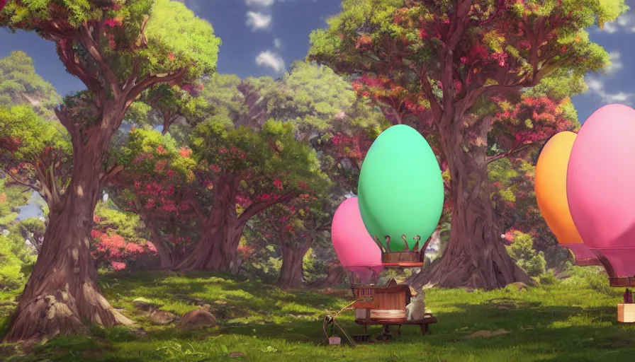 Image similar to a colorful easter egg as hot air balloon, beautiful ancient trees, hiding large treasure chest, serene evening atmosphere, soft lens, soft light, cel - shading, animation, in the style of cgsociety, deviantart, artstation, zbrush, cinema 4 d, studio ghibli, akihiko yoshida, atelier lulua, masamune shirow