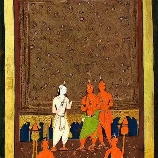 Image similar to woman warrior ascends to godhood. warriors watch in astonishment, holy mughal art painting by govardhan