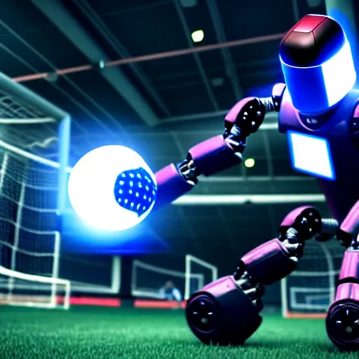 Prompt: a cyberpunk robot kicking a soccer ball in a soccer game, hyperrealistic, unreal engine, octane render, 3 d, 8 k, make it look like it was made by dall - e 2