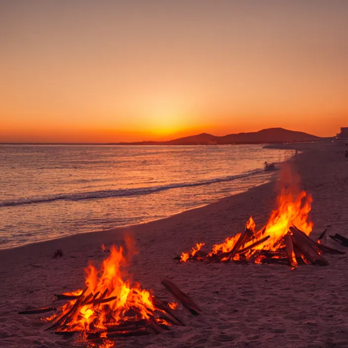 Prompt: photo of a huge bonfire on a beach at sunset, golden hour