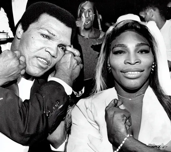 Prompt: muhammed ali and Serena Williams high on Peyote at a club; photograph by Dorothy Lange