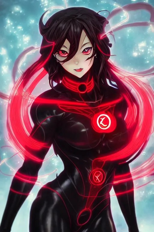 Image similar to anime key visual of a beautiful female red lantern!! intricate, red and black suit, glowing, powers, rage, anger, hate, dc comics, cinematic, stunning, highly detailed, digital painting, artstation, smooth, hard focus, illustration, art by artgerm and greg rutkowski and alphonse mucha