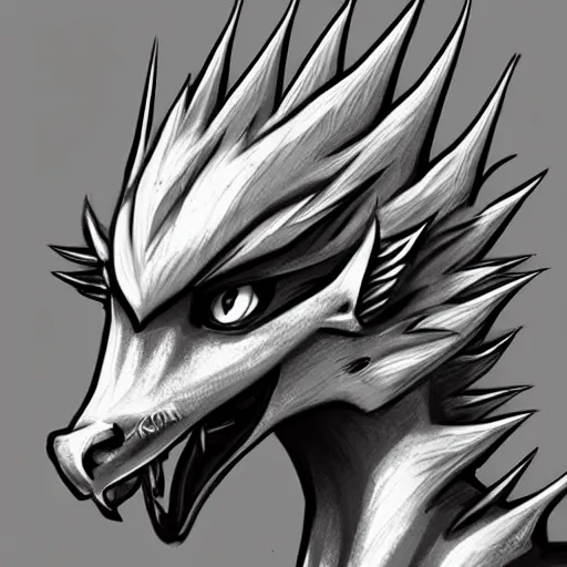 Prompt: handsome male anthropomorphic silver dragon, beautiful headshot profile commission on furaffinity, large eyes, cute ears, sketch drawing