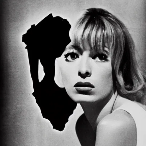 Prompt: Black and white poster for L\'Apocalisse, a 1963 existential movie by Michelangelo Antonioni with Monica Vitti contemplating the world on fire