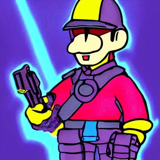 Image similar to cyberpunk soldier, cartoon, mario 64 style, dream, pastel palette, cute