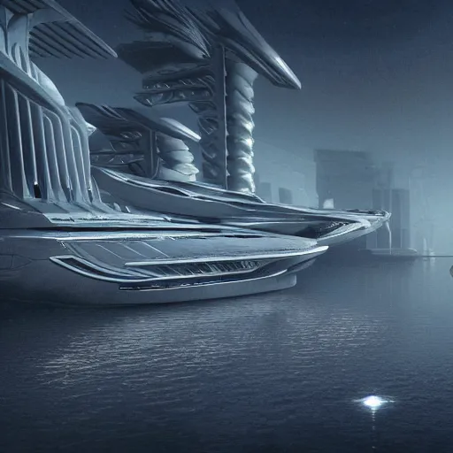 Prompt: a realistic detailed photo of a futuristic boat, alien plants, grey sky, futuristic buildings, flying ships in the background, foggy landscape, light particles, detailed light, realistic shaders, trending on artisation, detailed textures, detailed, realistic.