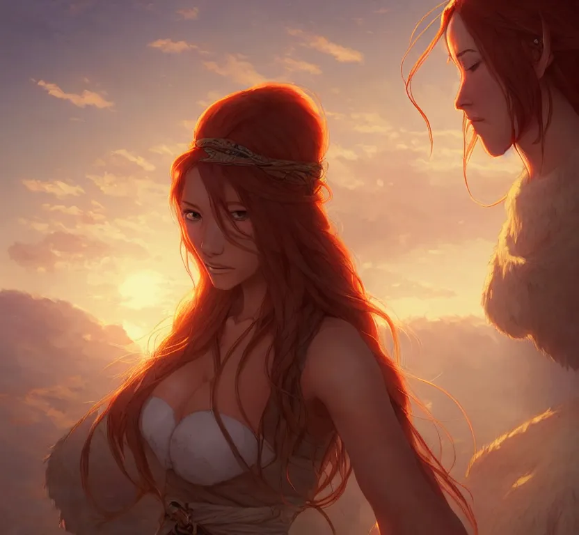 Prompt: long ginger hair, tanned woman in a prehistoric outfit, by artgerm, hair tied back, soft lighting, morning winter, by greg rutkowski makoto shinkai takashi takeuchi