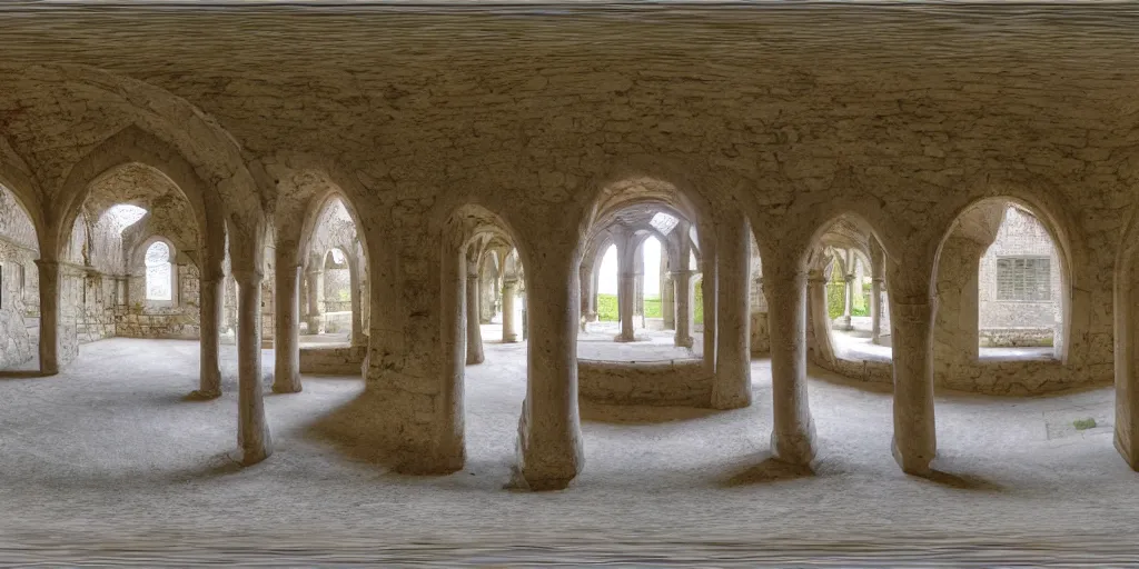 Prompt: high quality 3 6 0 ° image in equirectangular projection of a cloister of a cistercian monastery, seamless, gothic