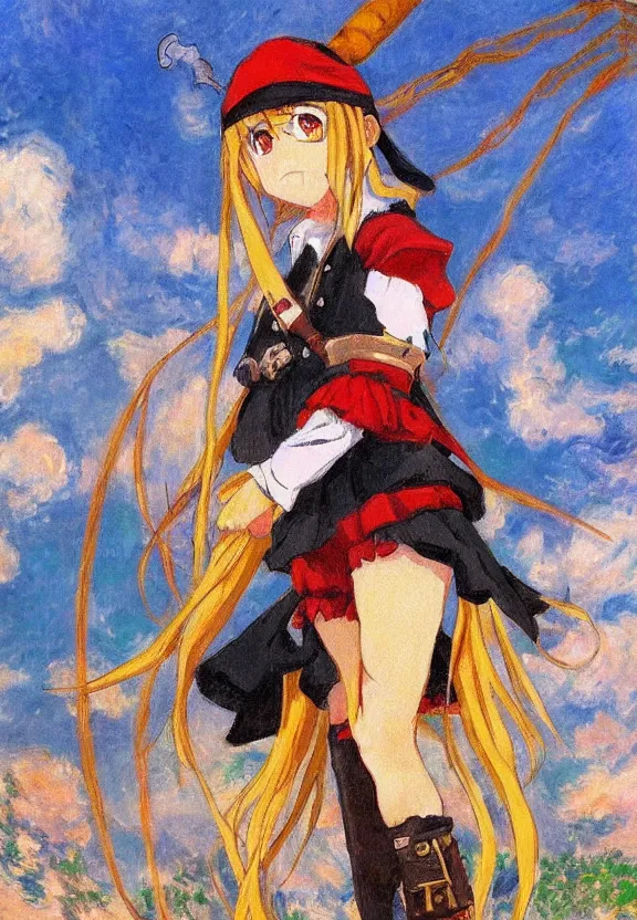 Image similar to wide angle painting of a teenage pirate girl, a thrifty uniform, somewhat of an anime in impressionist style, trending artwork, illustrated in anime painter studio, by claude monet and an anime artist, collaboration