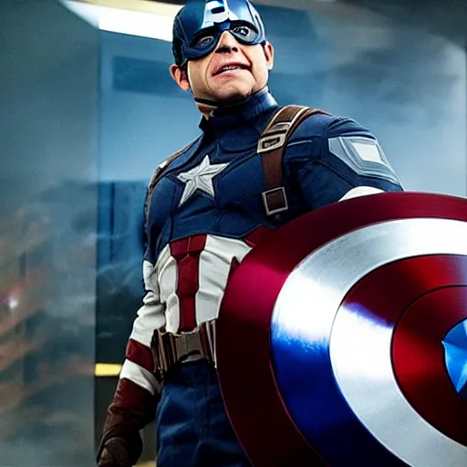 Image similar to film still it Danny Devito as captain America in the new marvel movie