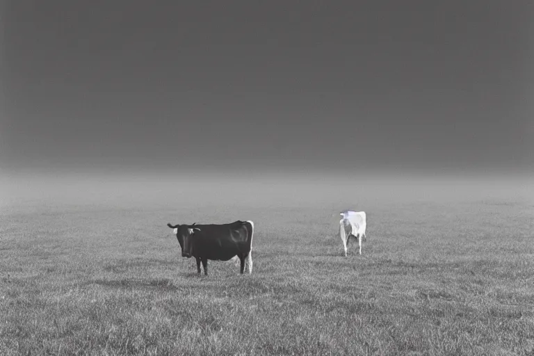 Image similar to film photography, straight colors, minimalism, cow in the blue fog, 35mm