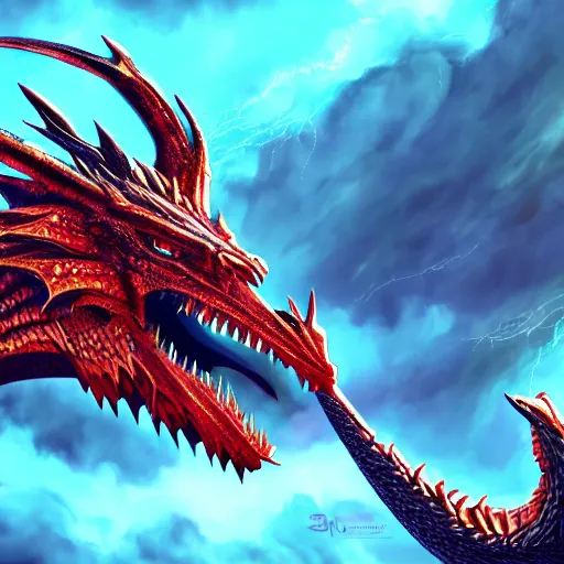 Image similar to a majestic dragon with azure blue eyes, iron claws, golden wings and scarlet red skin, hd, 4k, trending on artstation, award winning, 8k, 4k, 4k, very very very detailed, high quality digital art