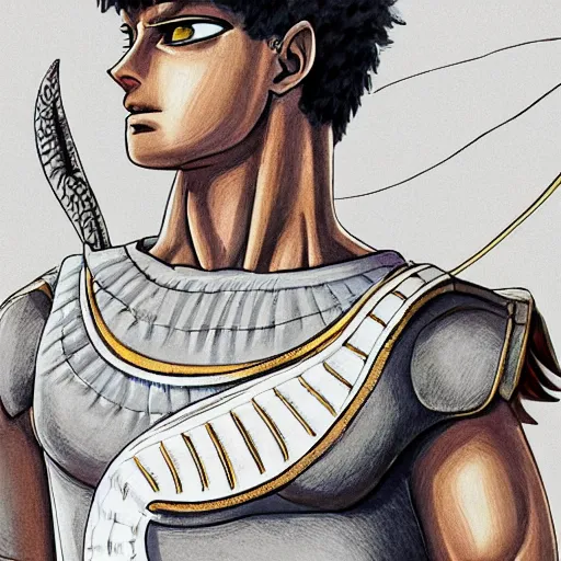 Image similar to illustration of a beautiful, athletic creature that is a half of the roman emperor augustus and a half of egyptian cat, character design, art station, epic, elegant, masterpiece of akira toriyama