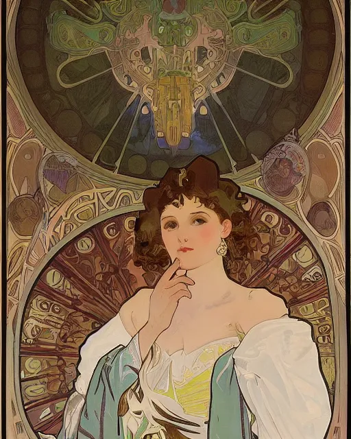 Image similar to painting alphonse mucha, the interior of an opera house, the audience in a dark hall, a singer in a white dress on a lighted stage with an orchestra, soft cinematic lighting, a palette of pastel colors