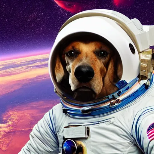 Image similar to a dog in space wearing an astronaut suit