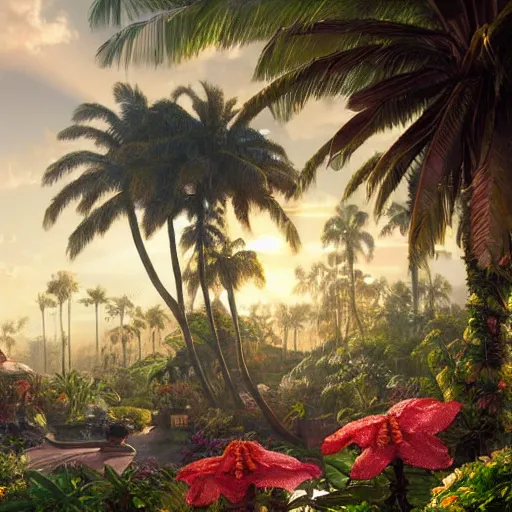 Image similar to a highly detailed matte painting of a garden hedge with tropical flowers, large palm trees, epic fantasy, god rays, ultrawide lens, aerial photography, unreal engine, exquisite detail, 8 k, art by greg rutkowski and alphonse mucha