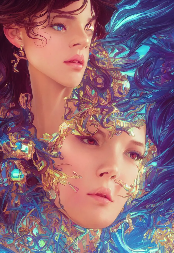 Image similar to beautiful, young woman, detailed gorgeous face, vaporwave aesthetic, synthwave, colorful, psychedelic, artstation, concept art, smooth, extremely sharp detail, finely tuned detail, ultra high definition, 8 k, unreal engine 5, ultra sharp focus, illustration, art by artgerm and greg rutkowski and alphonse mucha