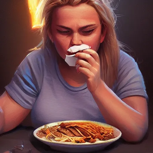 Image similar to portrait of a blonde chubby woman eating kebab, light stubble with red shirt ,digital art,photorealistoc,art by greg rutkowski,hyperdetailed,western comic style,comic,comic style,sharp lineart,professional lighting,deviantart,artstation,trevor henderson,rossdtaws,cinematic,dramatic