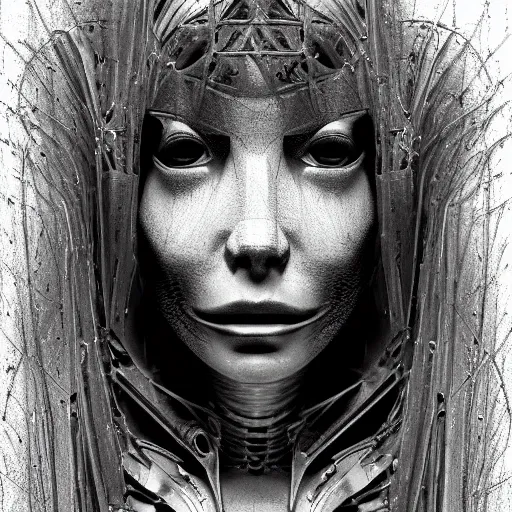 Image similar to 3 d chromium and graphite render of a cloaked cyborg machina - nymphette, portrait by tony diterlizzi and h. r giger, ilford hp 5, 5 5 mm, hyper realistic, hyper - mechanistic by artgerm, gustav dore, steve belledin, gothcore, disturbia, neil blevin