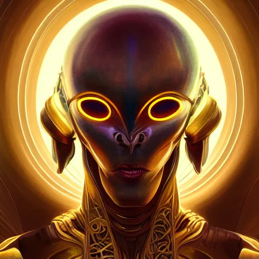 Image similar to hyper advanced alien evolved from dolphin, sci fi, glowing eyes, volumetric lights, gold theme, art nouveau botanicals, intricate, highly detailed, digital painting, artstation, concept art, smooth, sharp focus, cinematic, illustration, beautiful face, art by artgerm and greg rutkowski and alphonse mucha