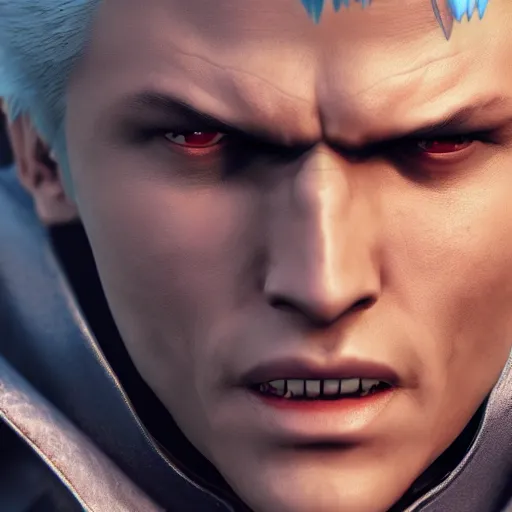 Image similar to vergil from devil may cry, 4k, octane render, artgerm, sakimichan, artstation, cgsociety, highly detailed face, sharp focus, ambient occlusion, high contrast,