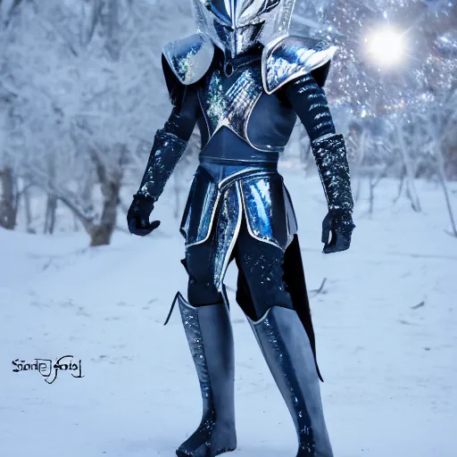 Prompt: full shot of knight inspired by Saint Seiya, wearing ice Armor, frozen scène.