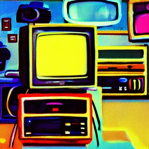 Image similar to array of crt televisions, tv static, antenna, stacked, polaroid, steroids, adult video store, impressionist painting, painting, oil painting, cell shaded, fuzzy