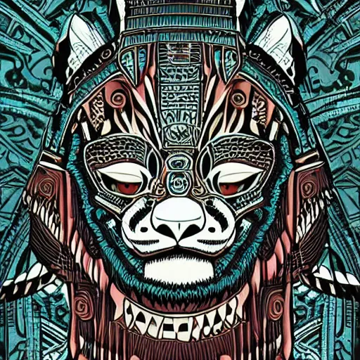 Prompt: illustration of mayan jaguar warrior, sullen, showing irritation or ill humor by a gloomy silence or reserve. in colors # 1 1 3 4 a 6, # 7 3 c 2 fb, # 6 6 9 3 fs, # 9 8 fb 9 8, # 0 1 7 9 6 f, by studio multi and victo ngai, malika favre