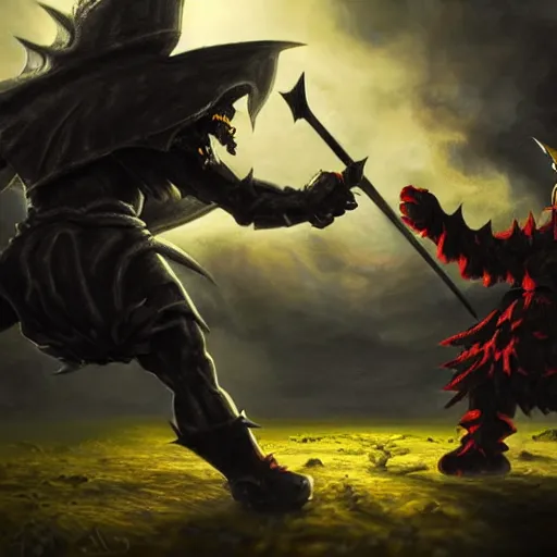 Image similar to demonic knight fighting Bart Simpson, high fantasy painting, realistic, rule of thirds, cinematic, dramatic lighting, epic landscape background 8K