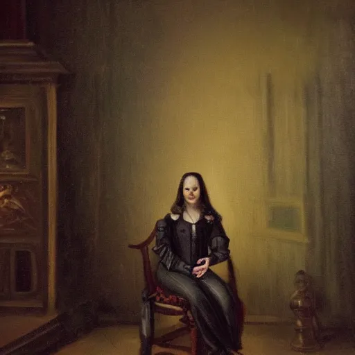 Prompt: a woman sitting on a chair inside of a dark, foreboding room, a face is depicted in the background, 1 7 0 0 s oil painting, dark art, vignette, bloom effect, cgsociety, artstation, 4 k, 8 k