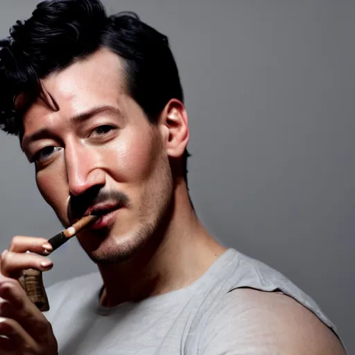 Image similar to a closeup photo of handsome gigachad markiplier smoking a cigar, 8k photorealism, extremly detailed, trending on artstation