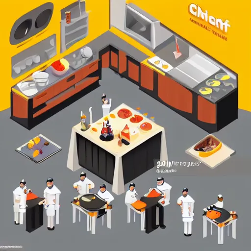 Image similar to isometric flat art of a chef cooking in the kitchen