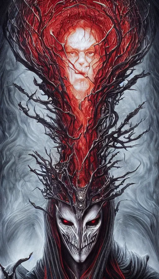 Image similar to Elden Ring and Lord of the Rings themed painting of majestic crimson fire necromancer lord Sauron, intricate artwork by Artgerm, Johnatan Wayshak, Zdizslaw Beksinski, Darius Zawadzki, H.R. Giger, Takato Yamamoto, masterpiece, very coherent artwork, cinematic, high detail, octane render, unreal engine, 8k, High contrast, golden ratio, trending on cgsociety, ultra high quality model, production quality cinema model