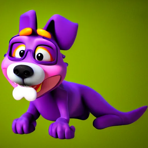 Image similar to an 3d render of a purple dog character, in the style of disney, pixar, mixed media collage, highly detailed, 8k resolution