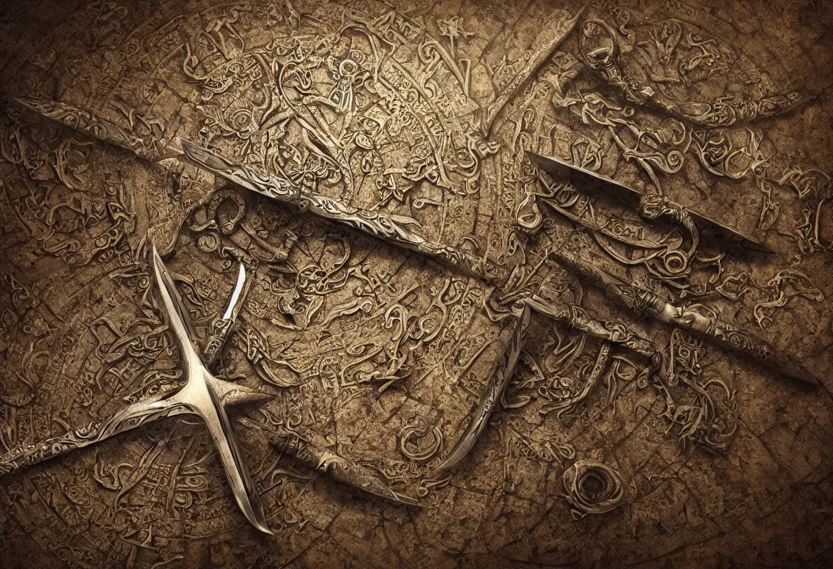 Prompt: one occult pagan slavic ritual blade, mystical glagolitic manuscripts and ancient slavic symbols in background, hyperrealism, realistic, octane render, dramatic lighting, highly detailed, cinematic lighting, full colour scale