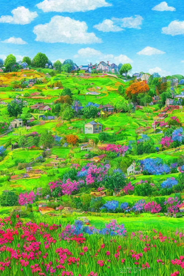 Prompt: a countryside in spring, green hills and blue sky with patches of clouds, nature in all its beauty, some houses in the background, colored flowers, digital painting, colored pencil, detailed,