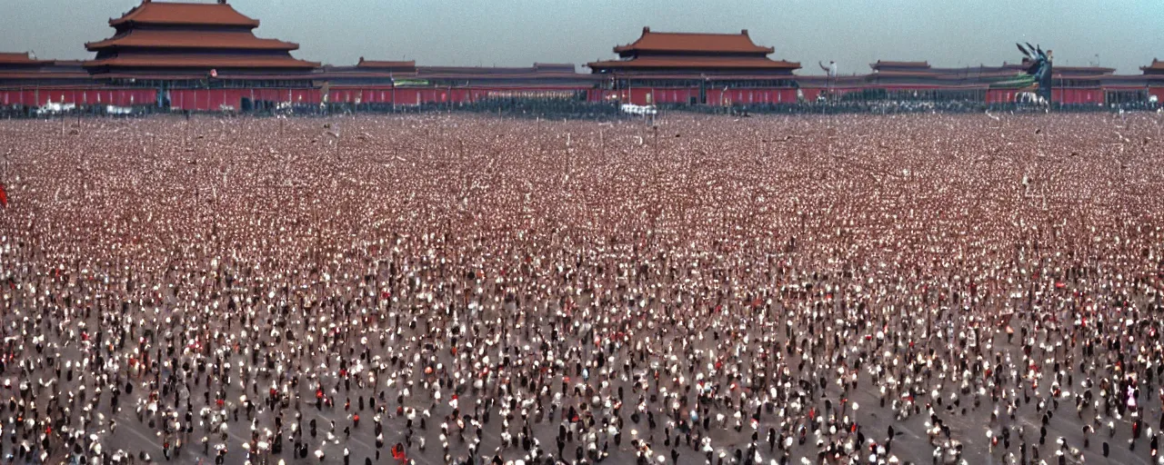 Prompt: tiananmen square 1 9 8 9, national geographic, canon 5 0 mm, cinematic lighting, photography, retro, film, kodachrome