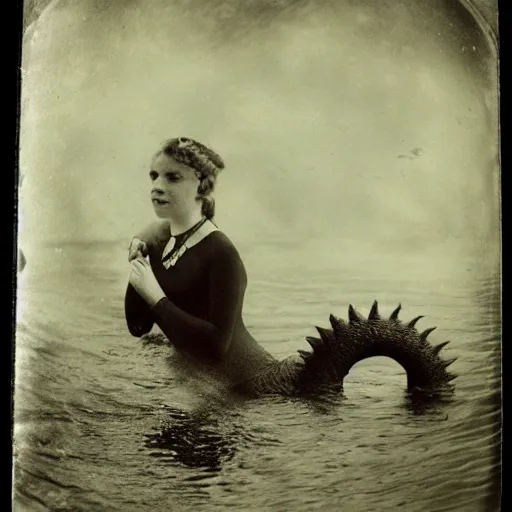 Image similar to tintype photo, underwater, girl riding the lochness monster