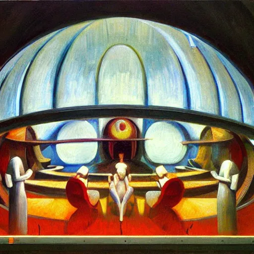 Image similar to three brutalist robotic seers watchers oracles soothsayers inside a dome, pj crook, grant wood, edward hopper, syd mead, oil on canvas