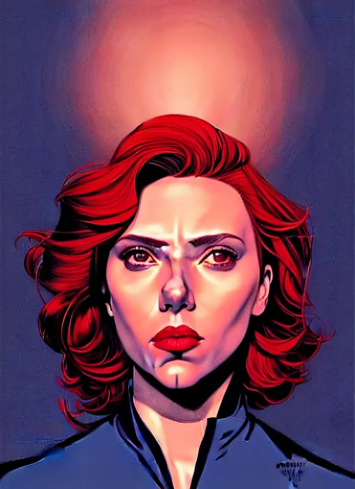 Image similar to rafeal albuquerque comic art, joshua middleton comic art, cinematics lighting, night time, pretty scarlett johansson black widow, big smirk, symmetrical face, symmetrical eyes, long red hair, full symmetrical body, flying in the air, jumping off rooftop