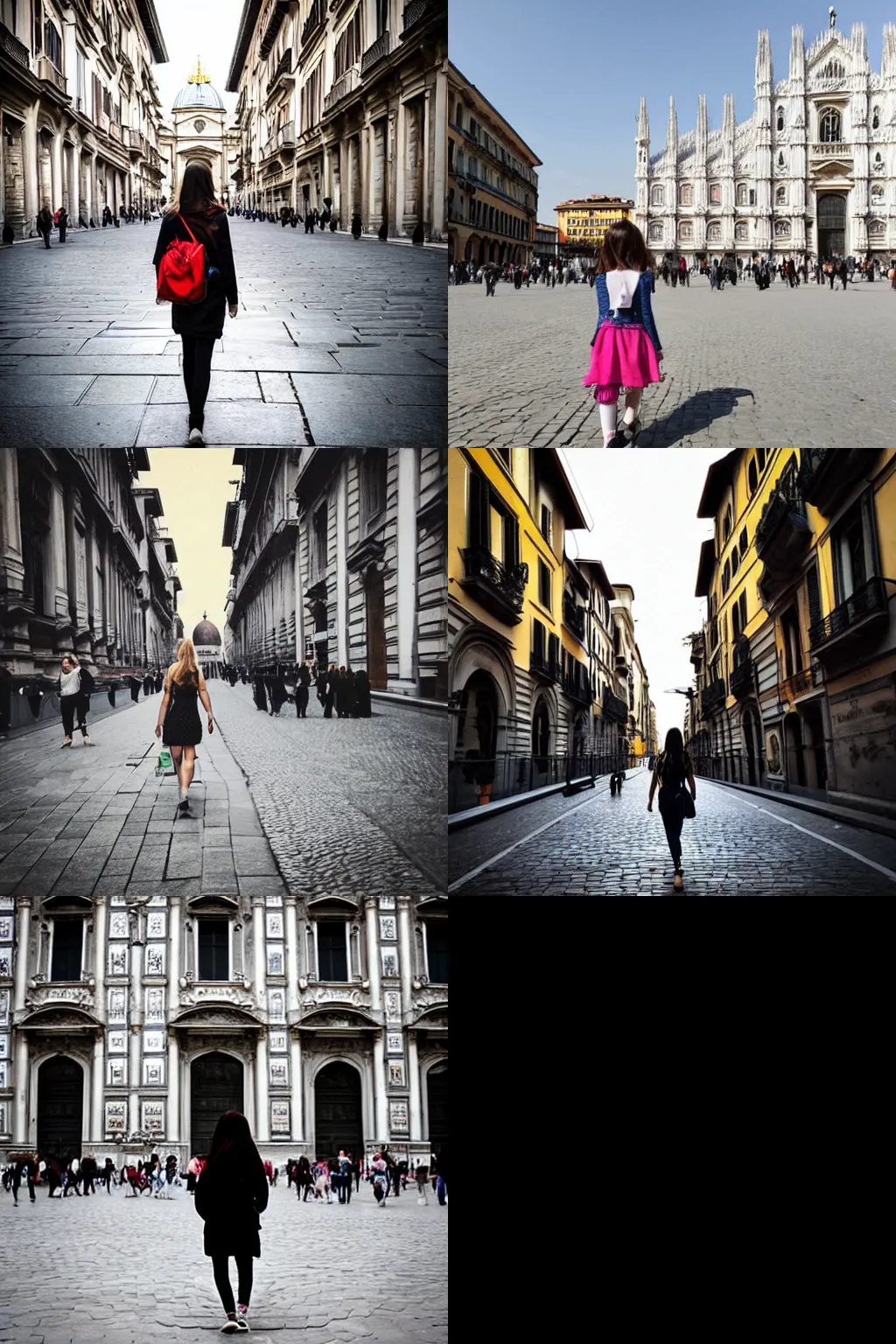 Prompt: “a young girl walking in Milano near the duomo”