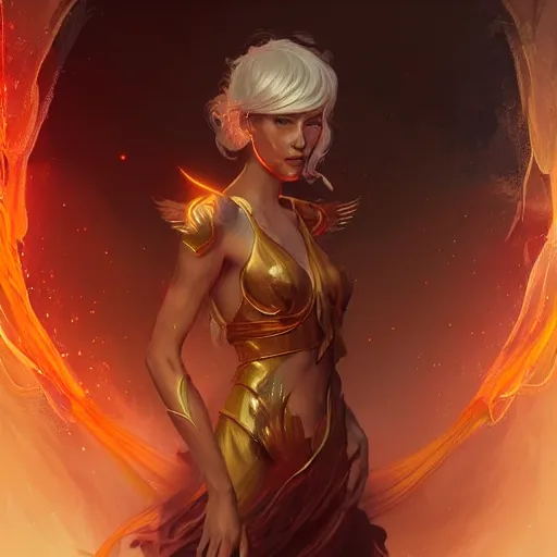 Image similar to female asian fire elemental, ghostly form, transparent, d & d, golden!!! palette, highly detailed, portrait!!, digital painting, artstation, concept art, sharp focus, illustration, cinematic lighting, art by artgerm and greg rutkowski and alphonse mucha