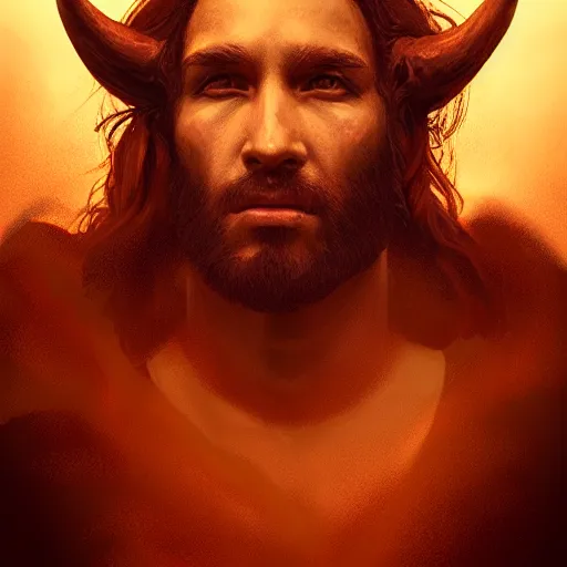 Image similar to Biblical deceiving devil portrait, atmospheric lighting, painted, intricate, volumetric lighting, beautiful, rich deep colours masterpiece, golden hour, sharp focus, ultra detailed, by Leesha Hannigan, Ross Tran, Thierry Doizon, Kai Carpenter, Ignacio Fernández Ríos