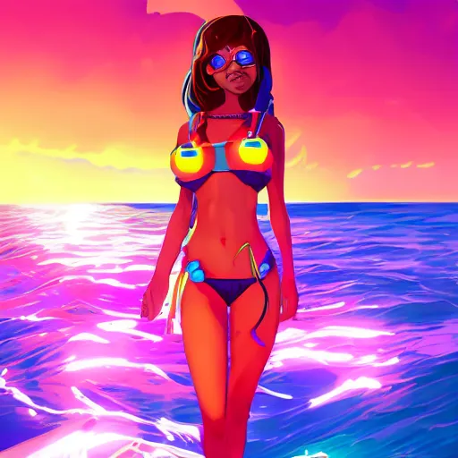 Prompt: neon bikini woman in the ocean | hyperrealistic digital painting by makoto shinkai, ilya kuvshinov, lois van baarle, rossdraws | afrofuturism in the style of hearthstone and overwatch, trending on artstation